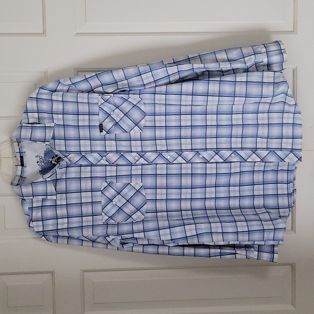Bullhead western style blue and white plaid snap button shirt men's sz xxl